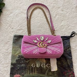 Gucci Pink Velvet Matelassè Marmont Crystal Embellished Shoulder Bag